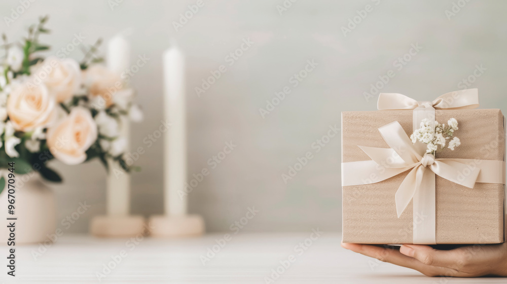 Obraz premium Elegant Hand Presenting a Gift Box with a Satin Ribbon Against a Soft Background