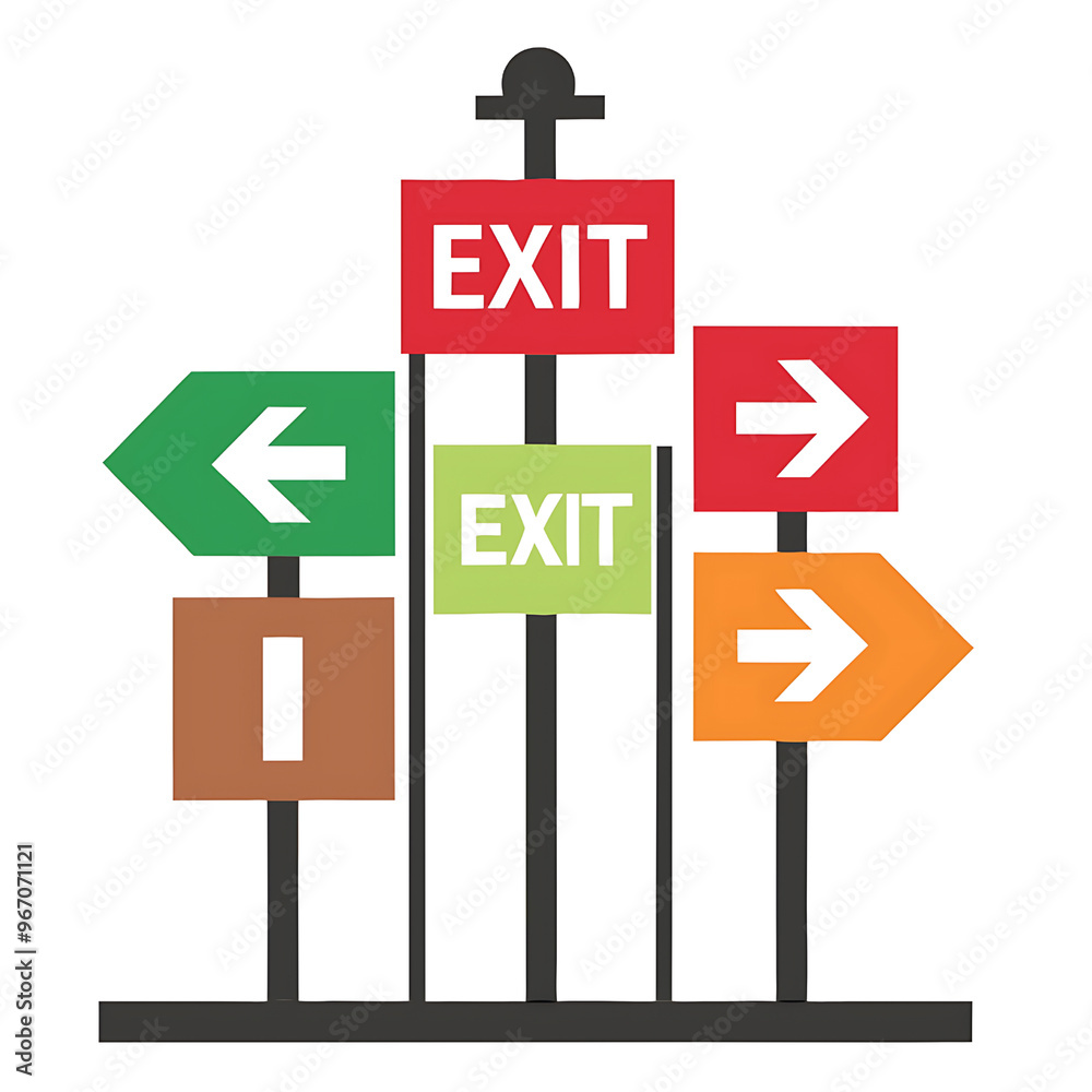 Creative Stock Illustration Featuring Multiple Exit Signs Highlighted on a White Transparent Background for Emergency Evacuation Use Creative Stock Illustration Featuring Multiple Exit Signs Highlighted on a White Transparent Background for Emergency Evacuation Use