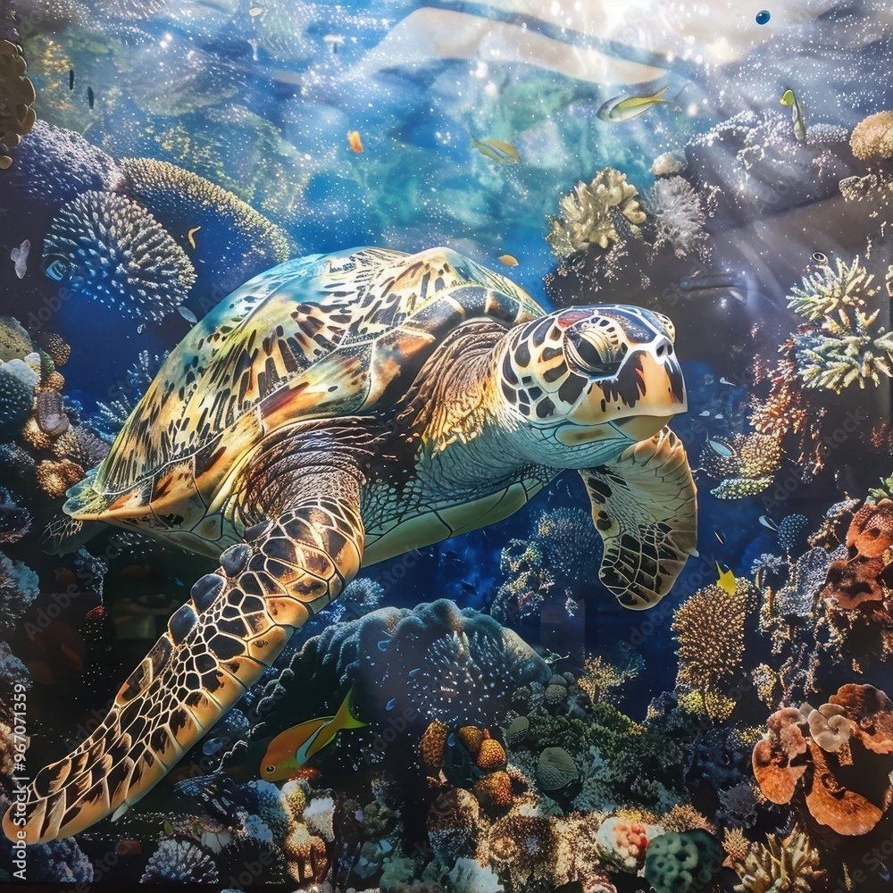 A sea turtle swims gracefully through a vibrant coral reef, surrounded by colorful fish and marine life. A sea turtle swims gracefully through a vibrant coral reef, surrounded by colorful fish and marine life.