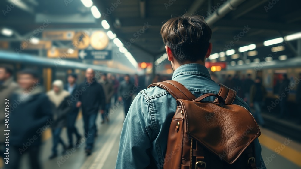 Subway Commuter Amidst Crowded Platform, A lone man with a backpack walks purposefully down a busy subway platform, heading towards an arriving train. Other commuters are visible in the background. Subway Commuter Amidst Crowded Platform, A lone man with a backpack walks purposefully down a busy subway platform, heading towards an arriving train. Other commuters are visible in the background.