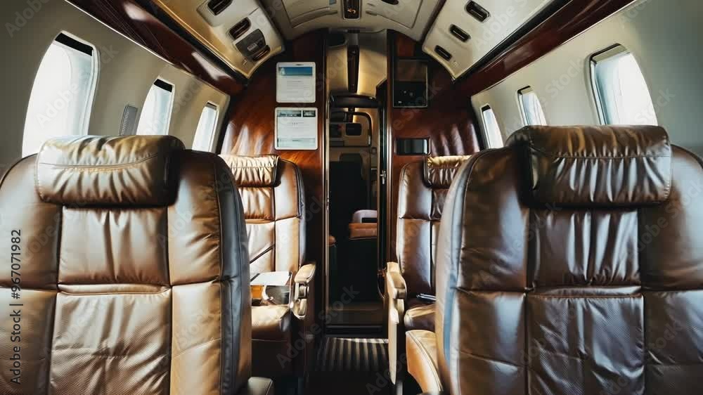 Empty leather seats are perfectly aligned inside a private jet, waiting for passengers to board and take off. The luxurious interior suggests an exclusive and comfortable travel experience