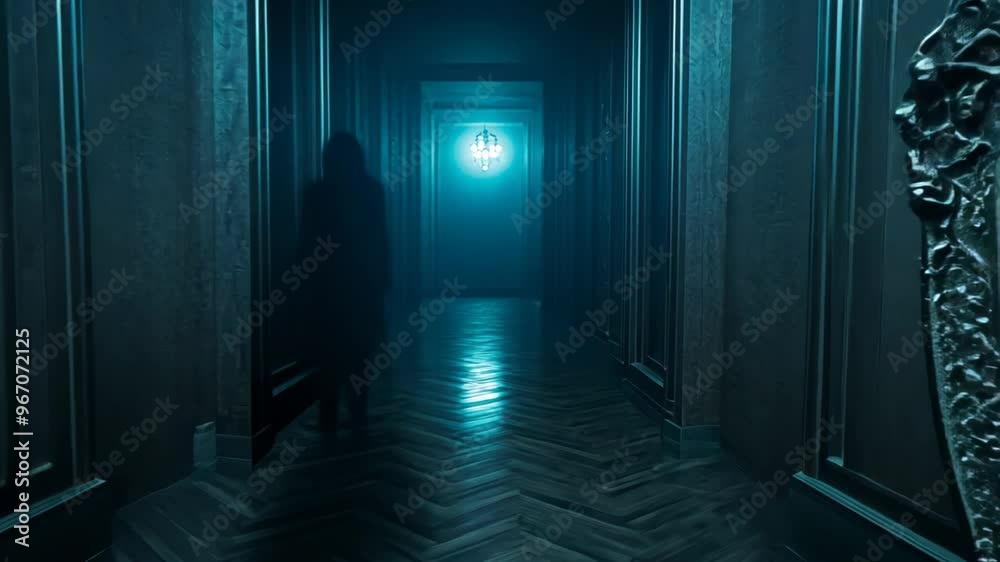 A spooky, dimly lit hallway with ornate mirrors and a shadowy figure, perfect for Halloween and haunted house themes