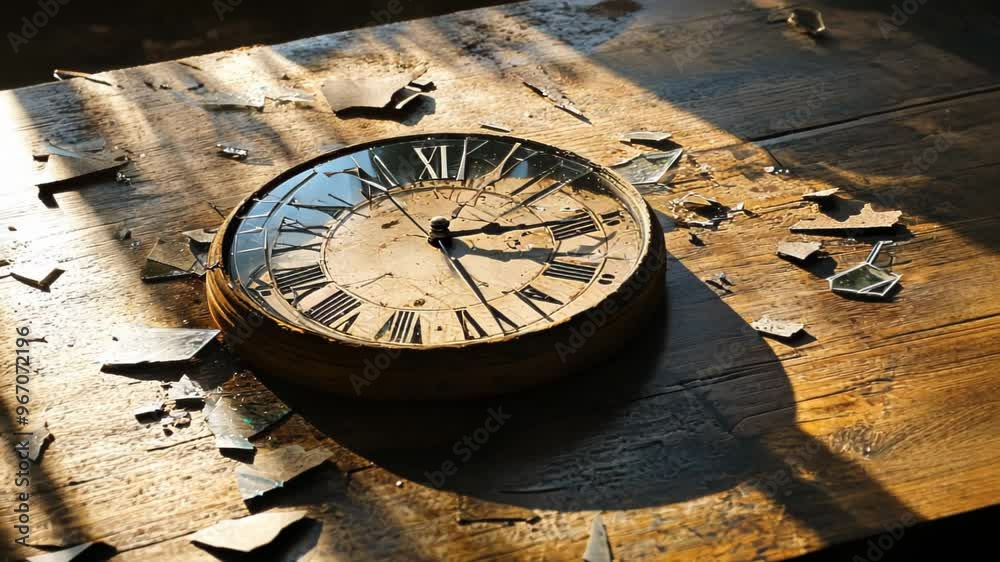 A shattered antique clock lying on a wooden table evokes concepts of the passage of time and nostalgia, suitable for New Year reflections or vintage themes