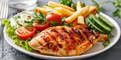 Grilled chicken with fries cucumber tomato slices and green salad on a white plate