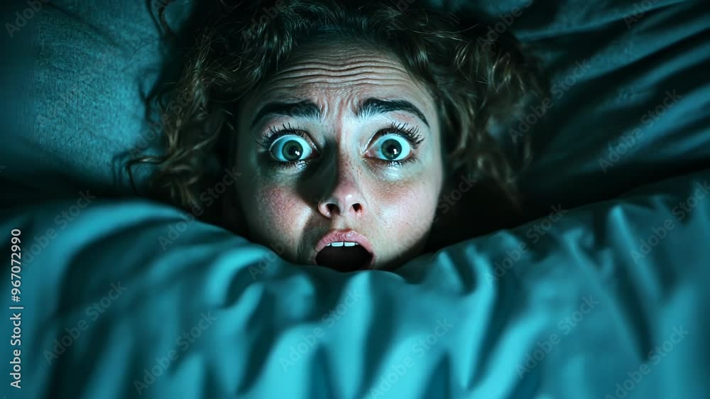 Terrified woman in bed experiencing a nightmare or sleep paralysis, suitable for concepts of horror, Halloween, and nighttime fears