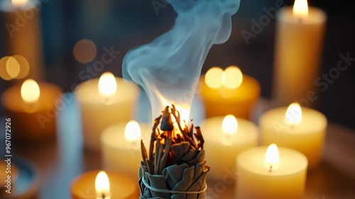 A close-up of burning sage with smoke rising, surrounded by softly lit candles, evokes themes of cleansing, spirituality, and New Age rituals