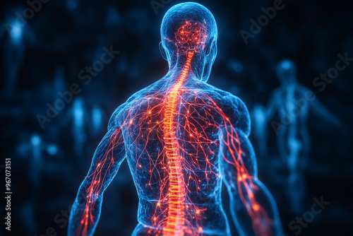 A vibrant illustration of the human nervous system, showcasing intricate neural pathways and glowing connections in a dark background.