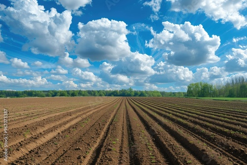 Furrows a plowed field prepared for planting crops in spring with clouds on blue sky in perspective