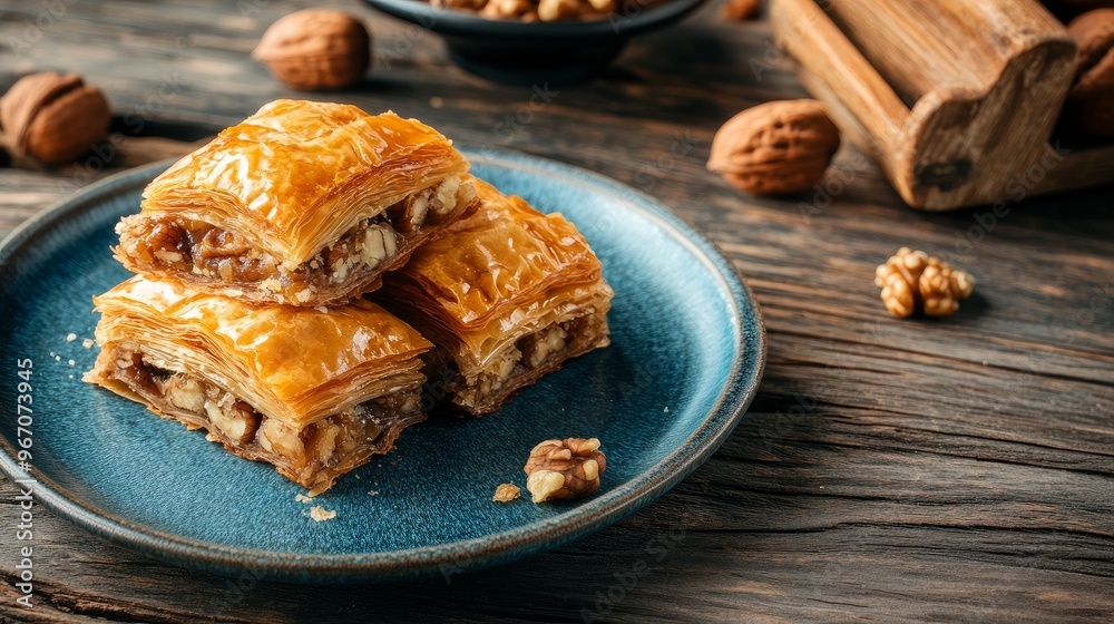 Turkish baklava on a wooden background with walnuts and a nutcracker nearby. Turkish baklava on a wooden background with walnuts and a nutcracker nearby.