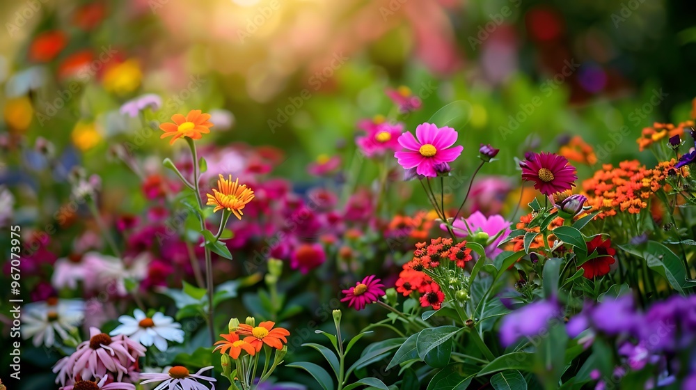Fototapeta premium Close-up view of a vibrant garden filled with colorful blooms showcasing the beauty and diversity of nature.