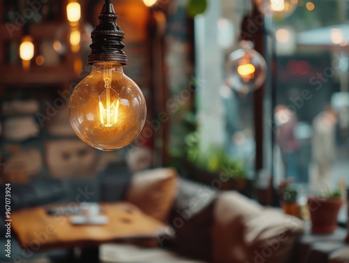 A warm, glowing lightbulb hangs in a cozy cafe setting, with a wooden table and chairs in the background.