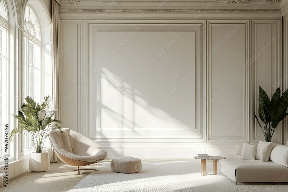 Large luxury modern minimal bright interiors room mockup illustration 3D rendering