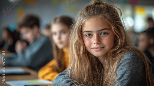 A young girl smiling in a classroom, surrounded by classmates, showcasing a vibrant learning environment.