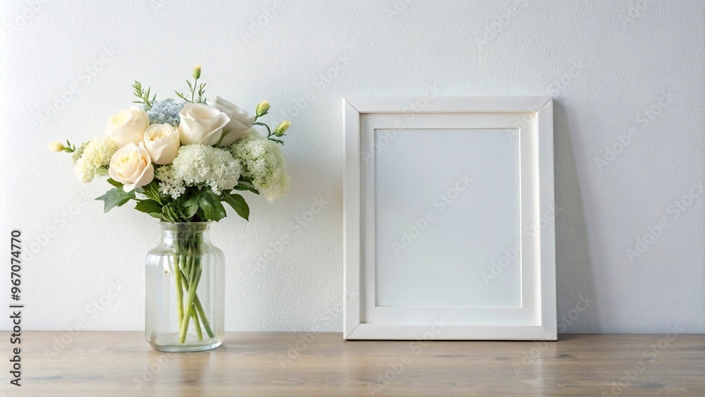 White frame and vase with flowers silhouette on table White frame and vase with flowers silhouette on table