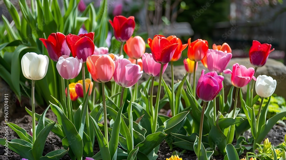 colorful display of tulips in bloom, showcasing their delicate petals and lush green foliage. The flowers are arranged in a natural setting, creating a picturesque scene. colorful display of tulips in bloom, showcasing their delicate petals and lush green foliage. The flowers are arranged in a natural setting, creating a picturesque scene.