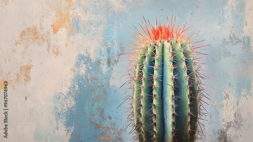 Naklejka premium A Close-up of a Prickly Cactus Against a Weathered Wall