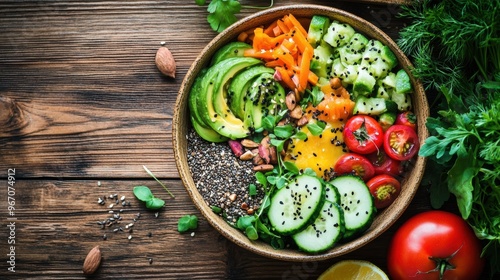 Wallpaper Mural Overhead photo of a healthy breakfast bowl with colorful vegetables, seeds, t, arranged beautifully on a wooden table Torontodigital.ca