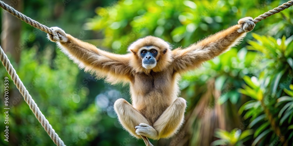 White handed gibbon hanging on ropes between the trees Macro White handed gibbon hanging on ropes between the trees Macro