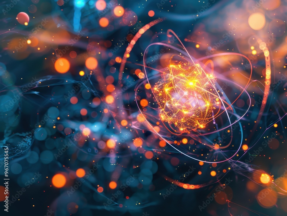 Abstract digital art with a glowing sphere surrounded by swirling energy and bokeh lights. Abstract digital art with a glowing sphere surrounded by swirling energy and bokeh lights.