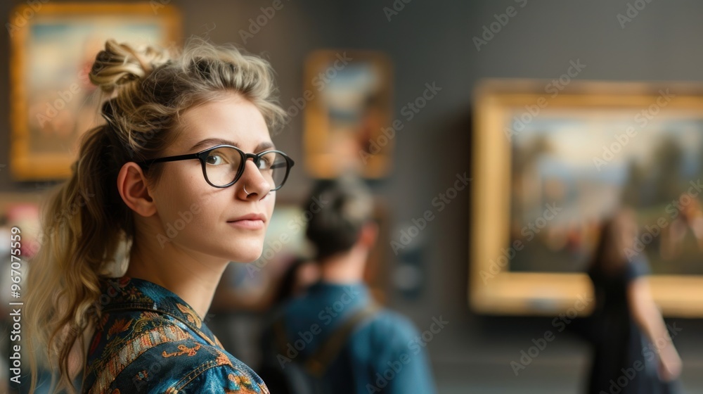 Focus on a cute young woman wearing glasses enjoying an art exhibition. In the background, people are looking at paintings inside the museum. Focus on a cute young woman wearing glasses enjoying an art exhibition. In the background, people are looking at paintings inside the museum.