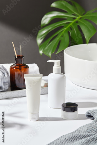 The image showcases three white beauty products on a white counter top, a towel, and greenery in a minimalist bathroom setting, ideal for cosmetics and skincare advertising.