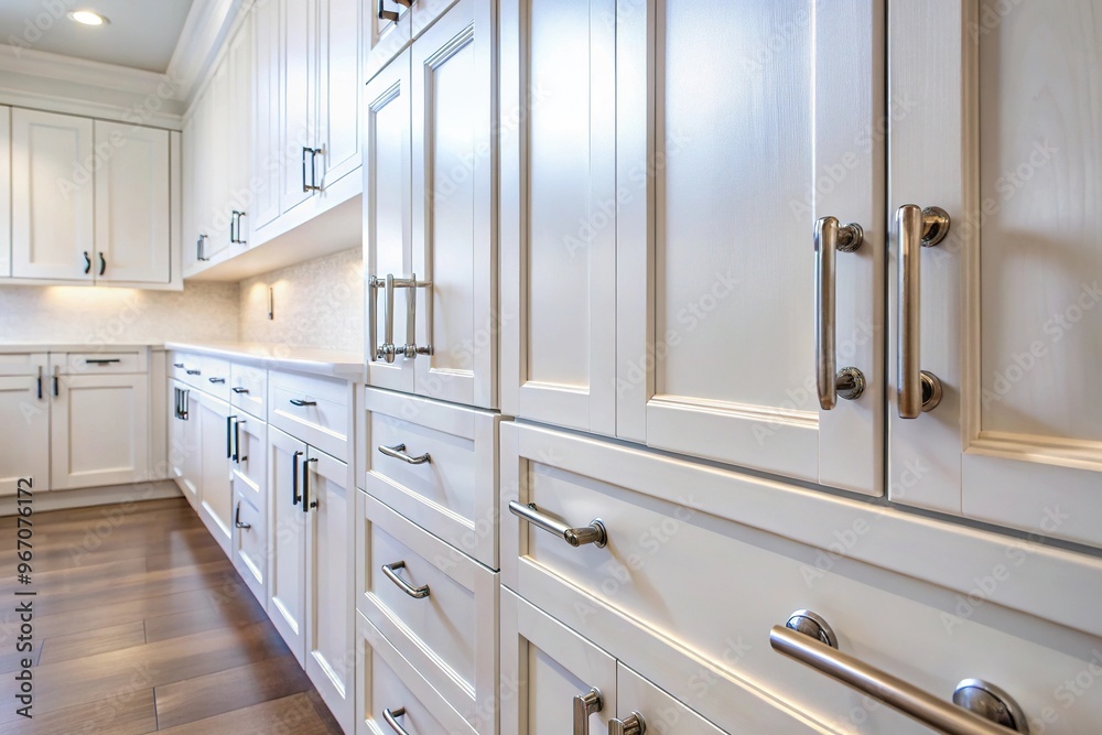 White kitchen cabinets with metal pulls or knobs on the doors White kitchen cabinets with metal pulls or knobs on the doors