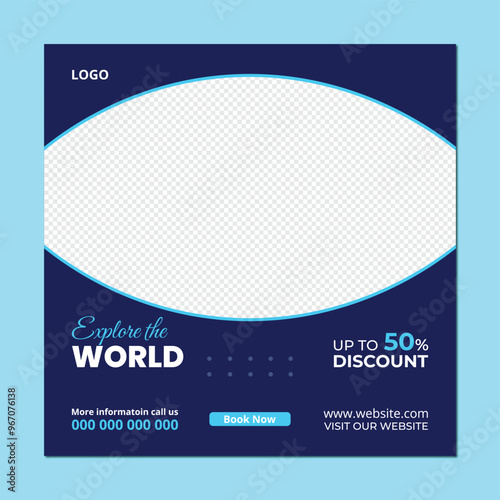 Travel social media banner post template design. Summer beach holiday online promotion poster. Traveling flyer. Holiday and tour advertising social media design
