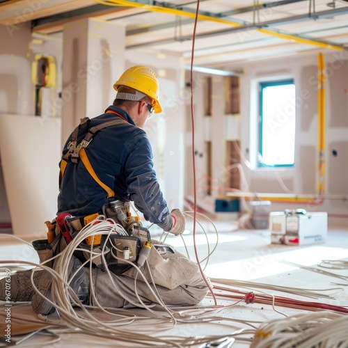 An electrician in a hard hat and safety gear kneels on the floor of an unfinished room, working with electrical wires.
