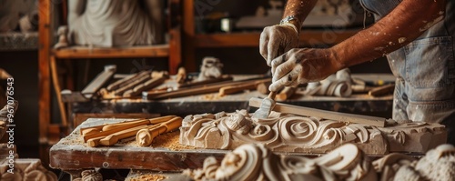 Artisan's hands shaping intricate details on wooden carvings in workshop. photo