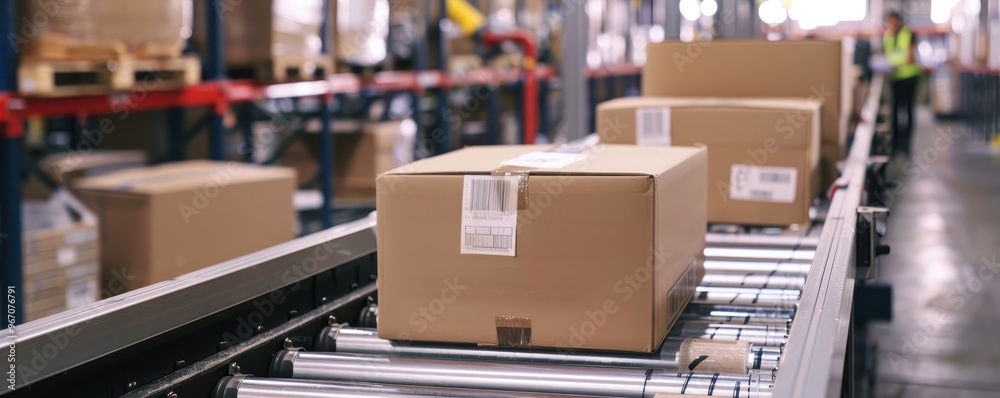Cardboard boxes moving on a conveyor belt in a warehouse. Cardboard boxes moving on a conveyor belt in a warehouse.