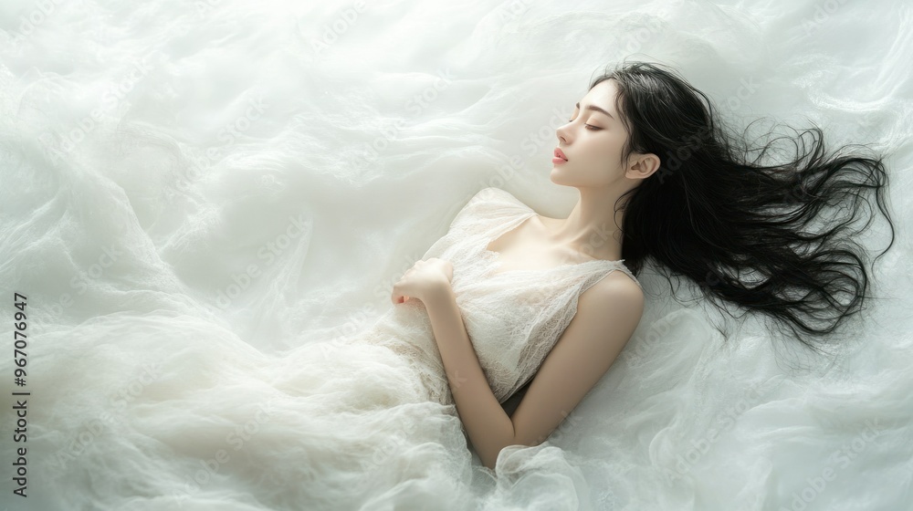 Woman in White Dress with Long Black Hair Lying on White Fabric Woman in White Dress with Long Black Hair Lying on White Fabric