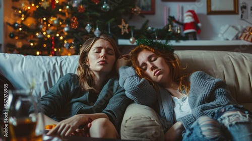 Group of two young women sleeping, tired, drunk and hungover on the sofa after a night of Christmas and New Year party, Christmas tree background