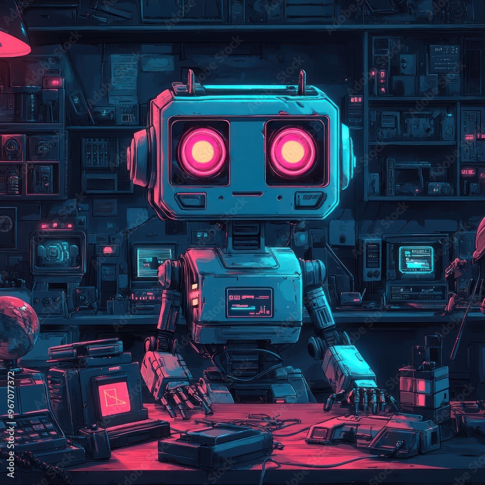 Fototapeta premium Retro Futuristic Robot Working at a Desk with Electronics