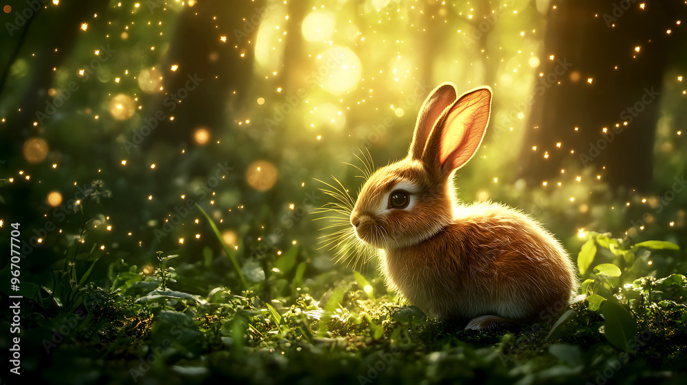 cute rabbit sitting in a magical forest, with soft glowing light filtering through the trees and illuminating its fur cute rabbit sitting in a magical forest, with soft glowing light filtering through the trees and illuminating its fur