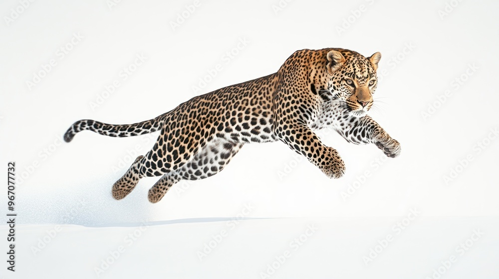 Obraz premium Leopard Leaping in Mid-Air Against a White Background