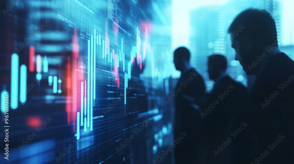 Businessmen Analyzing Financial Data on Large Screen Businessmen Analyzing Financial Data on Large Screen