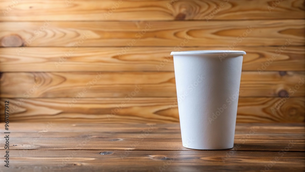 White paper cup on wooden table from a worm's eye view White paper cup on wooden table from a worm's eye view