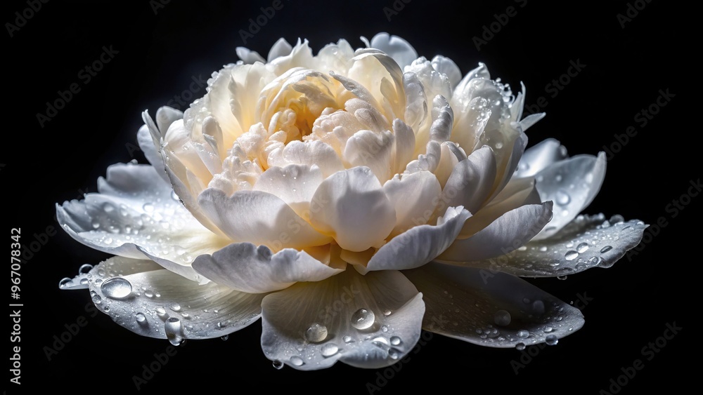 White peony flower with water droplets on black background White peony flower with water droplets on black background