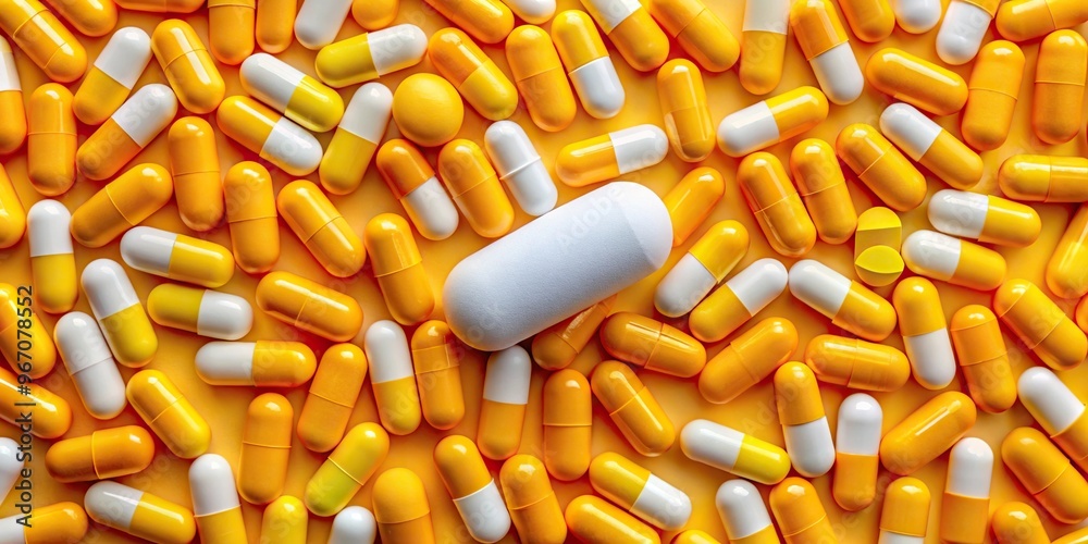 White pill standing out from yellow pills on orange background White pill standing out from yellow pills on orange background
