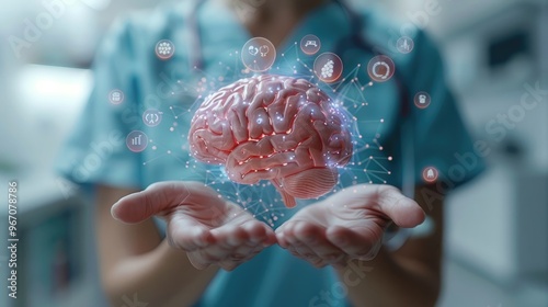 human brain in doctor hands surrounded by medical icons on an online platform