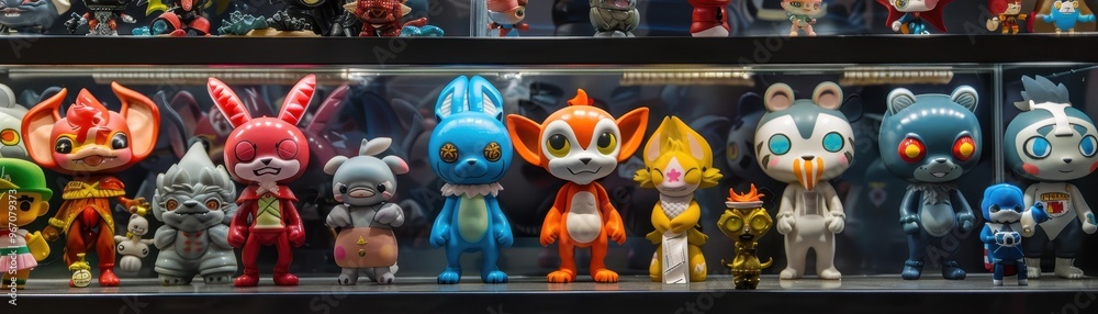 Colorful cartoon character toys on a shelf. Colorful cartoon character toys on a shelf.