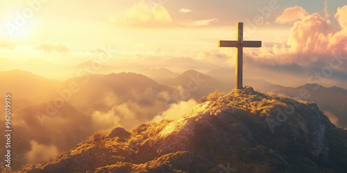A large wooden cross standing on a mountain peak, bathed in golden sunlight 