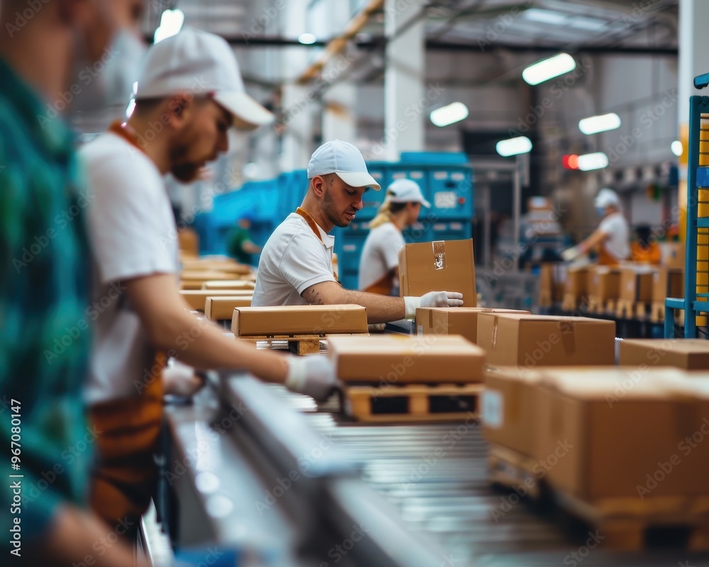 Factory workers in white shirts and hats package goods on a conveyor belt. Factory workers in white shirts and hats package goods on a conveyor belt.