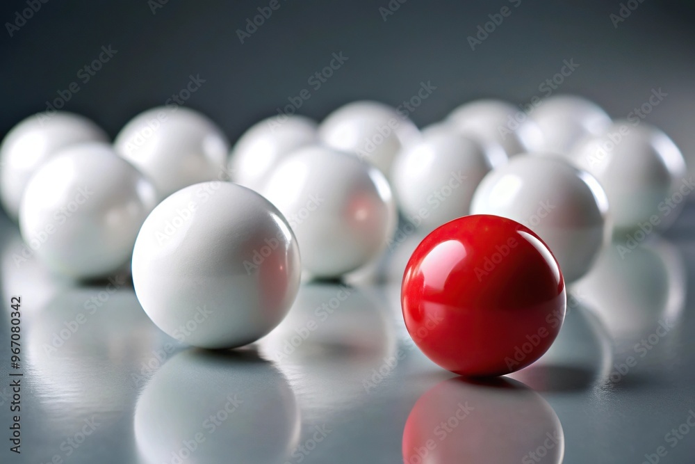 White spheres with one red on grey background Forced Perspective