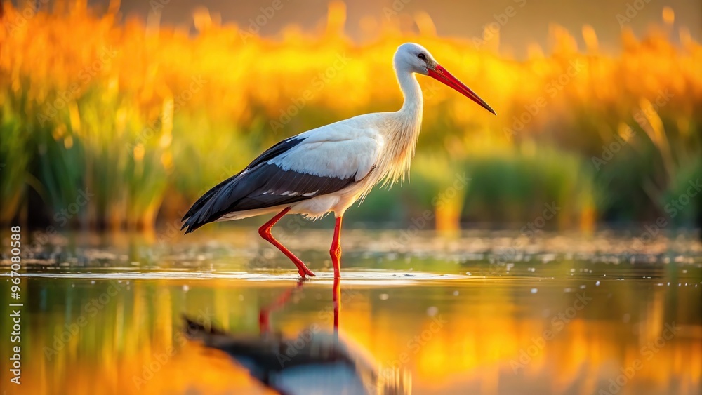 Fototapeta premium White stork hunting in shallow waters at sunset