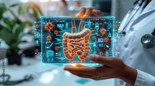 holographic projection on top left corner shows hands holding anatomical drawing with glowing edges, which depicts an illustration of human Bowel photo