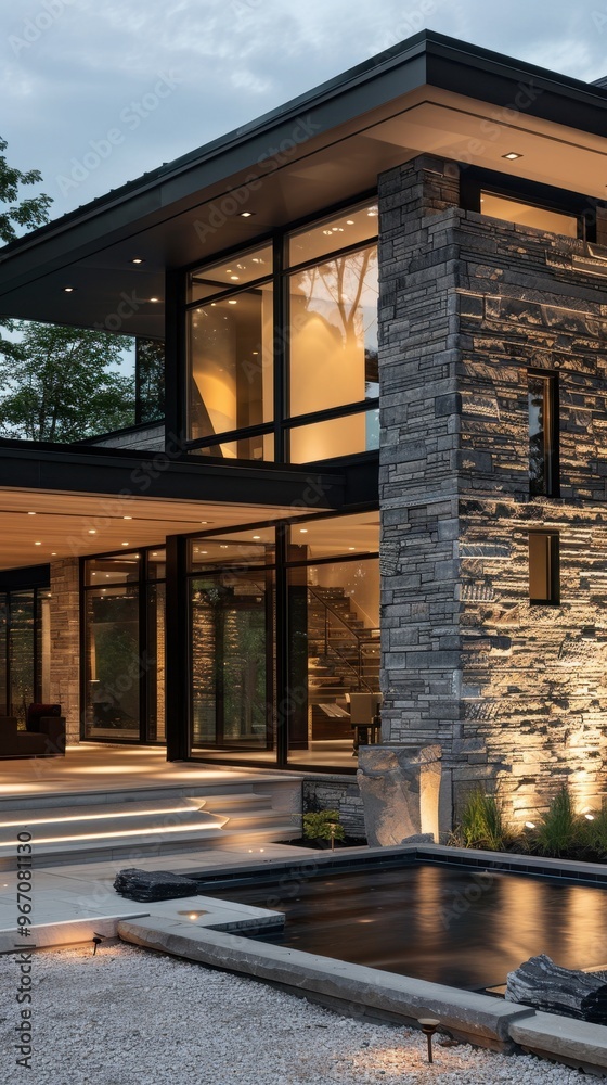 Modern house with stone facade and large windows at dusk. The house has a pond in front. Modern house with stone facade and large windows at dusk. The house has a pond in front.