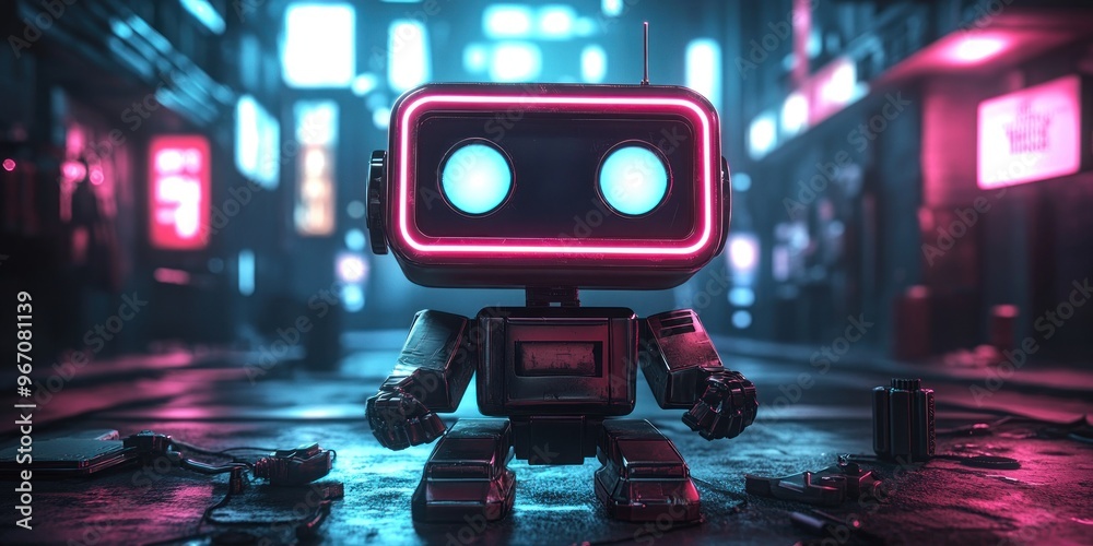 Futuristic Robot Standing in a Neon-Lit Cityscape Futuristic Robot Standing in a Neon-Lit Cityscape