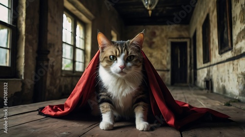 A Cat Wearing a Red Cloak in an Abandoned Building