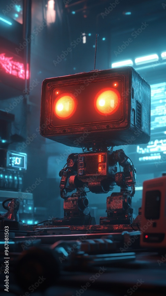 Retro Robot with Red Glowing Eyes in a Futuristic Setting Retro Robot with Red Glowing Eyes in a Futuristic Setting